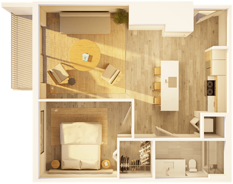 Floor plan for 1 bed, 1 bath, 734 sqft